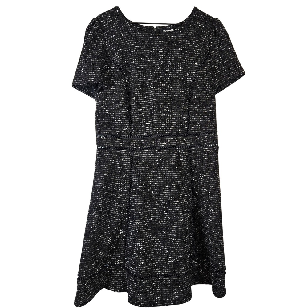 Karl Lagerfeld Paris black and white tweed dress with lattice cutouts, size 14